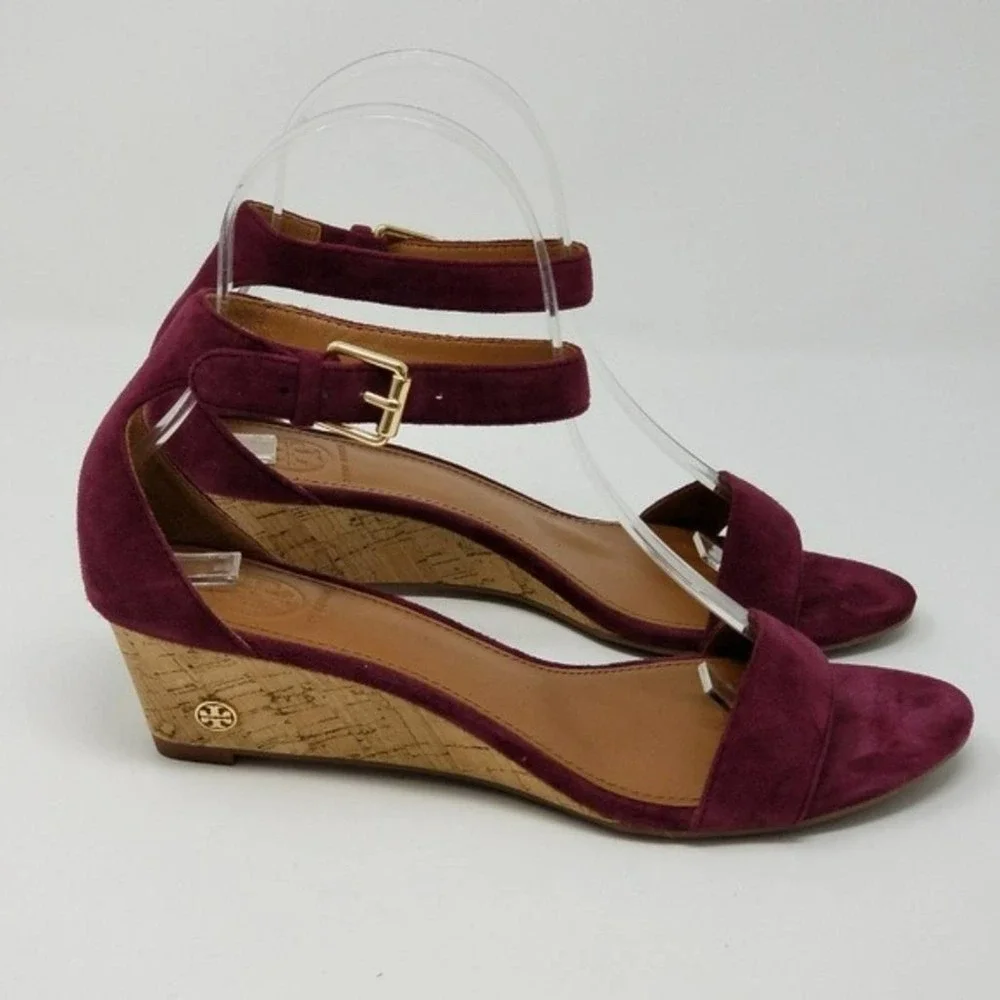 Tory Burch Savannah Cork Wedge Buckle Ankle Open Toe Burgundy Sandals Size 6.5